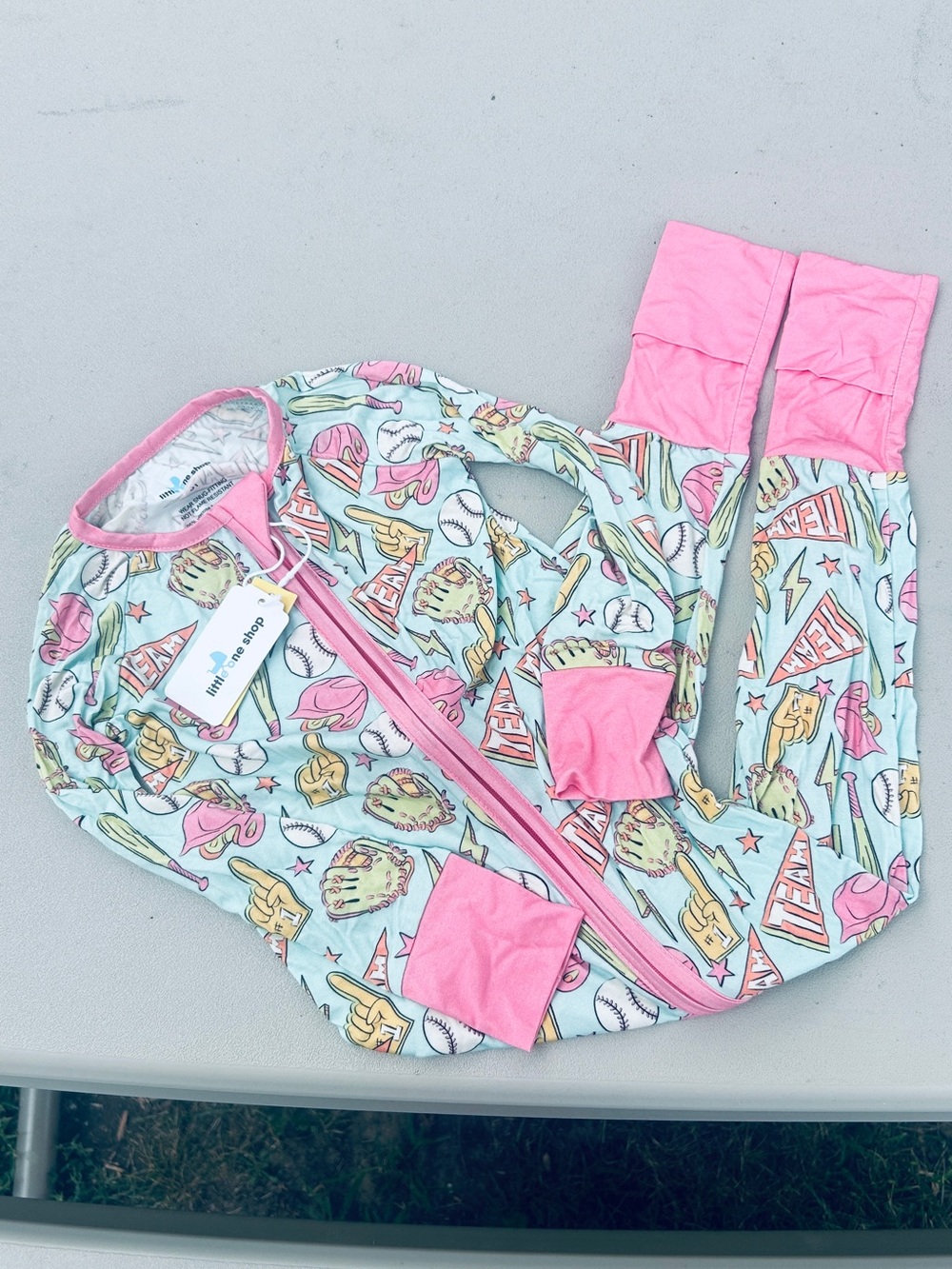 NEW Little One Shop Pajamas Softball Print Girls Footed Pajamas with Pink Trim 3